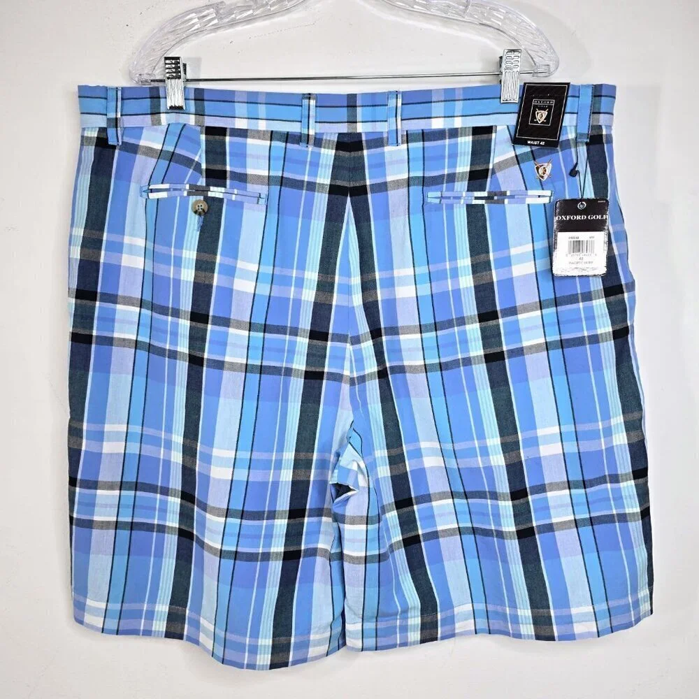 NWT Oxford Golf Blue White Tartan Plaid Cotton Flat Front Chino Shorts